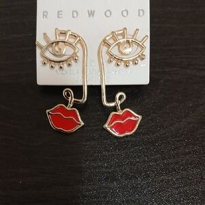 Gold and Red Lip Earrings